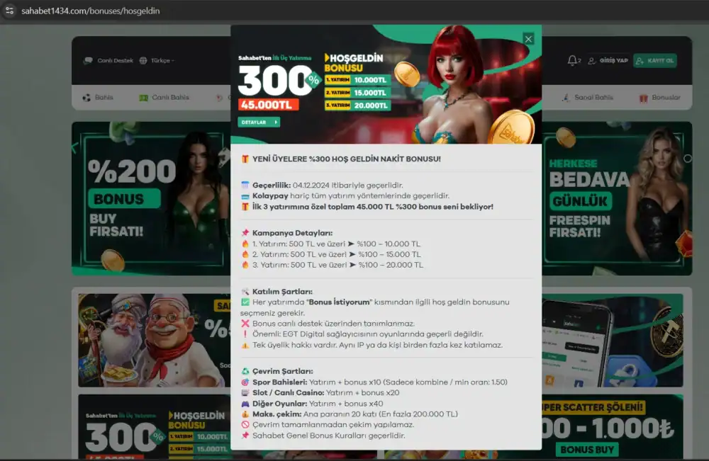 Sahabet bonus hosgeldin paketi %300 45.000 TL detaylari
