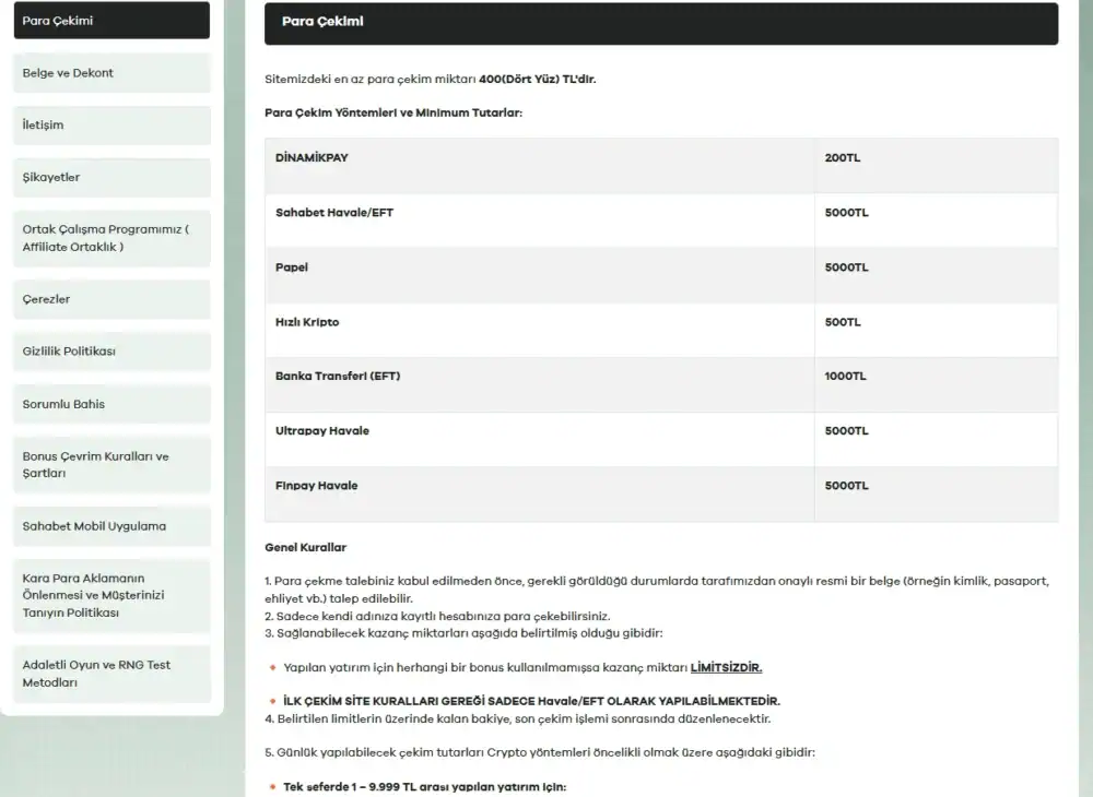 Sahabet para cekme yontemleri ve minimum tutarlar tablosu