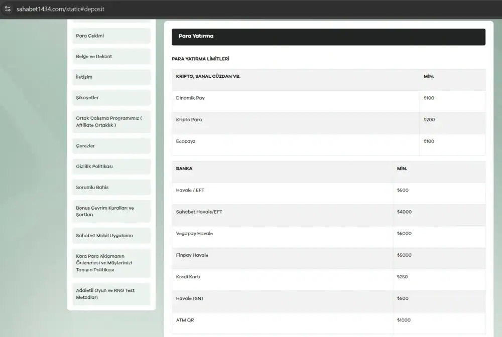 Sahabet para yatirma yontemleri ve minimum limitler tablosu