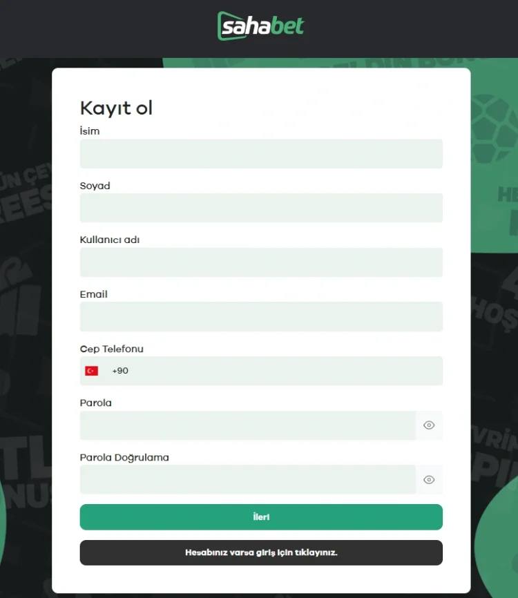 Sahabet uyelik kayit formu ekran goruntusu